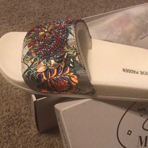 Steve Madden White Beaded Slides